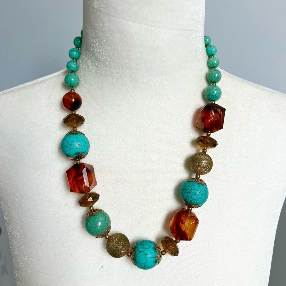 Turquoise and amber tone tapered beaded necklace